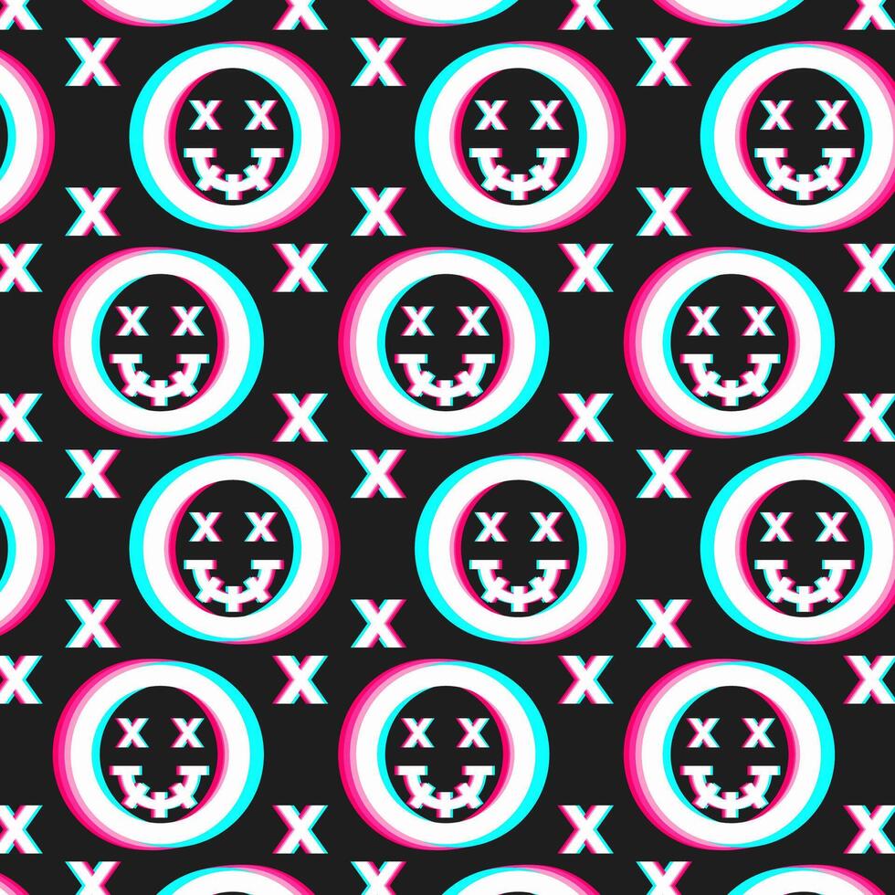 Vibrant Retro Glitch Pattern with Smiley Faces and X Marks vector
