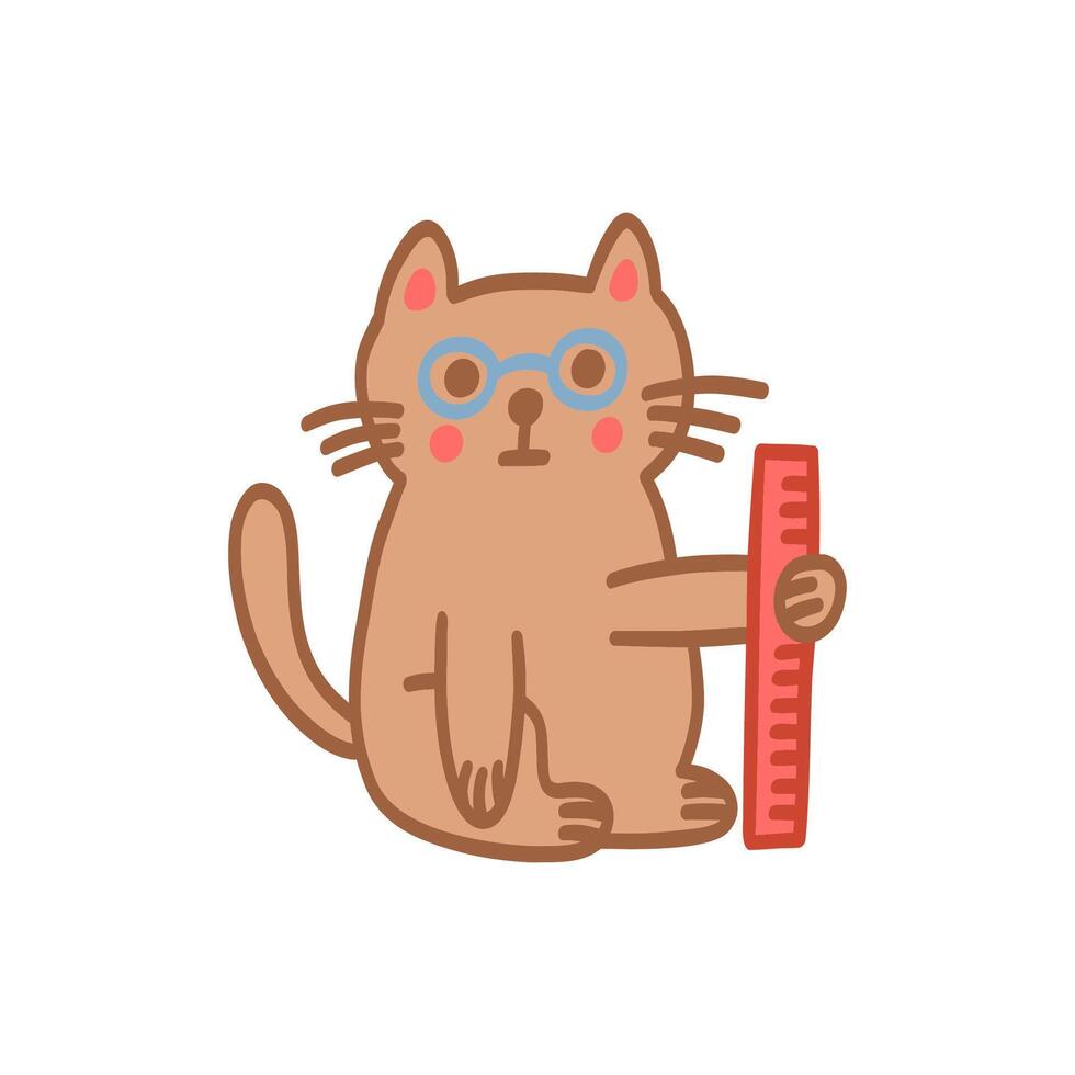 Cute cat doodle style. Simple character with glasses and a ruler for card, print, banner, poster, template. Cartoon illustration for children. Hand drawn illustration isolated on white background. vector