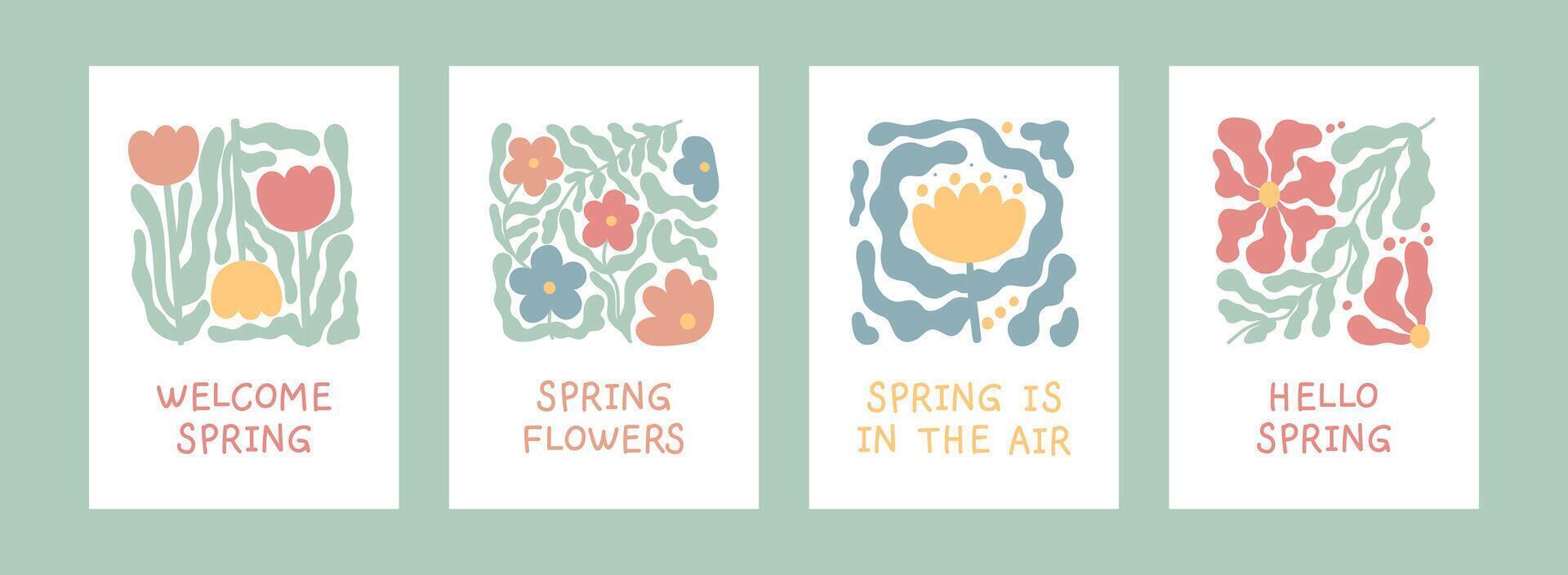 Abstract colorful flower card set. Floral doodle shape in trendy naive matisse hippie 70s style. Hello spring. Retro poster, print, banner. Hand drawn illustration isolated on white background. vector
