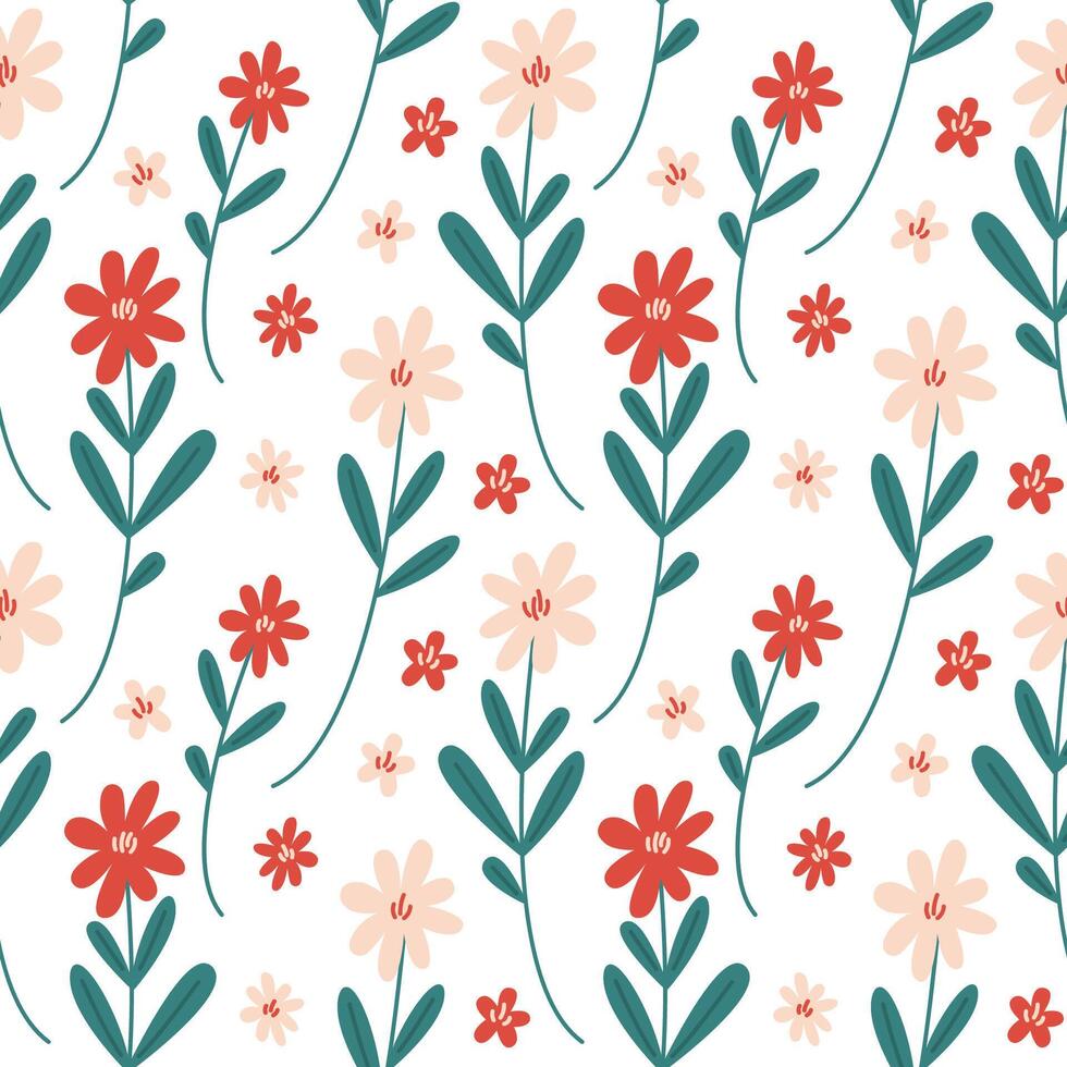 Trendy floral seamless pattern. Simple red and beige daisy. Spring flower template for packaging, postcards, textile printing, wallpaper. Hand drawn illustration isolated on white background. vector