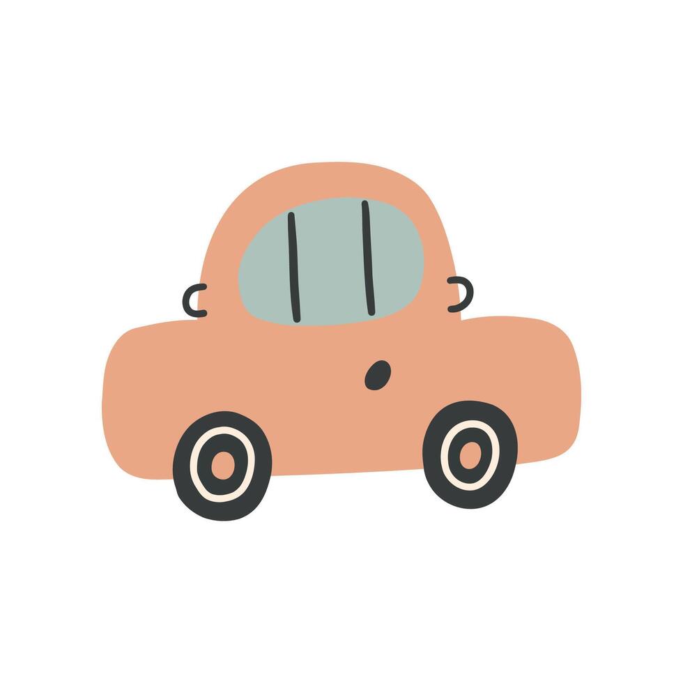 Bohemian baby element doodle. Simple childish boho pink car for nursery, print, poster, card. Cartoon nordic illustration for children. Hand drawn illustration isolated on white background. vector