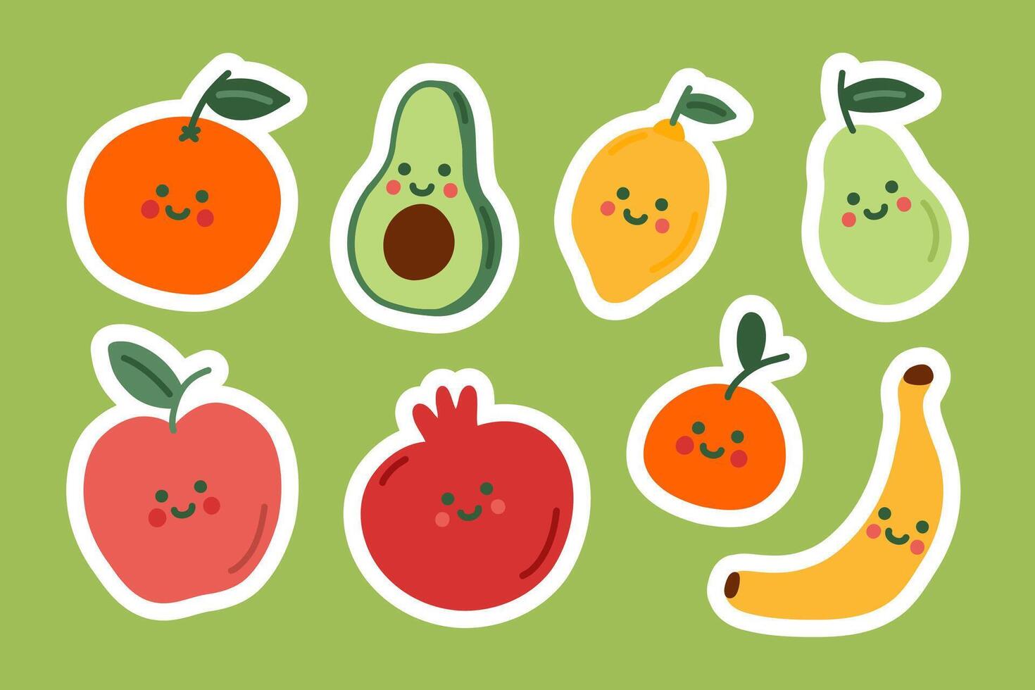 Cute fruit doodle sticker set. Smile simple apple, lemon, pomegranate, mandarin, orange, pear, avocado, banana. Cartoon characters for children. Hand drawn illustration isolated on green background. vector
