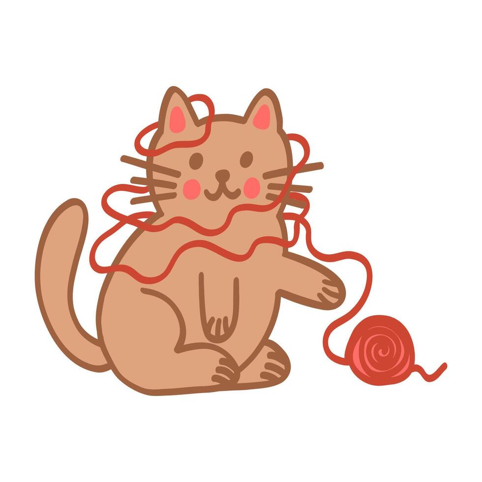 Cute cat doodle style. Simple happy playful character for card, print, banner, poster, template. Cartoon illustration for children. Hand drawn illustration isolated on white background. vector