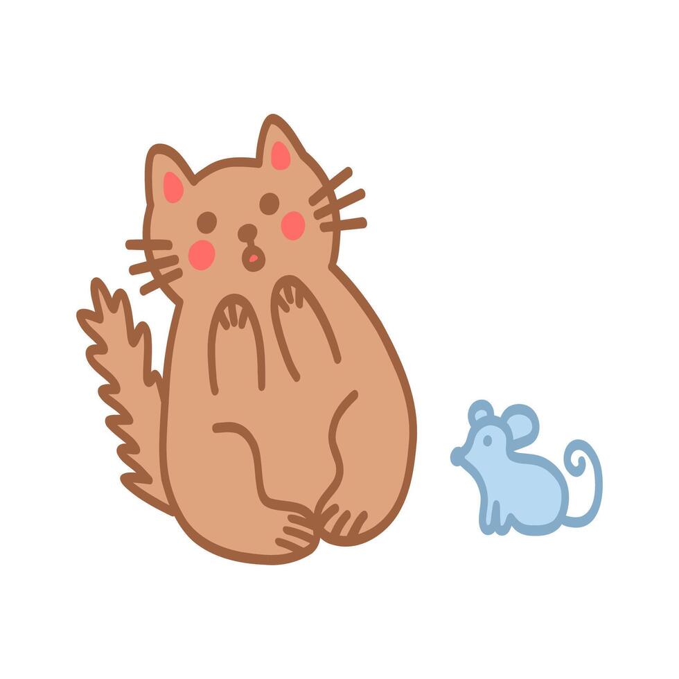 Cute cat doodle style. Simple scared character for card, print, banner, poster, template. Cartoon illustration for children. Hand drawn illustration isolated on white background. vector