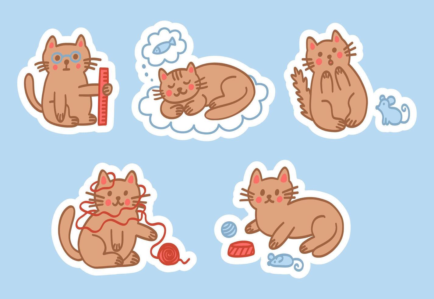 Cute cats sticker set. Simple happy playful characters for card, print, banner, poster, scrapbooking. Cartoon for children. Hand drawn illustration isolated on blue background vector
