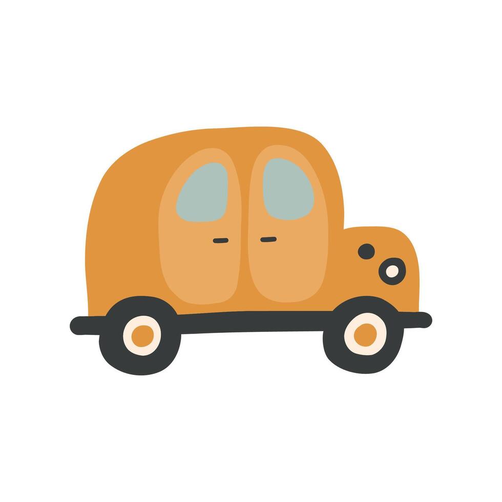 Bohemian baby car doodle. Simple childish boho orange toy for nursery, print, poster, card. Cartoon nordic illustration for children. Hand drawn illustration isolated on white background. vector