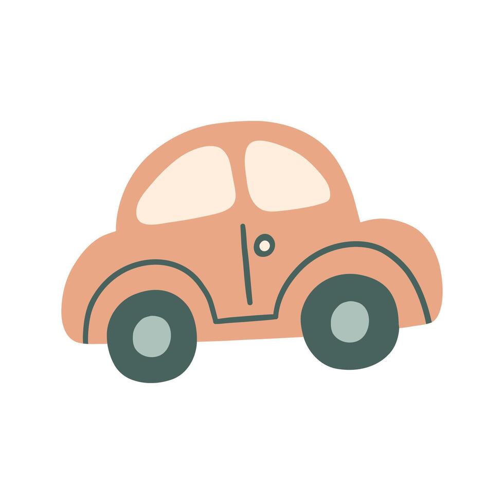 Bohemian baby car doodle. Simple childish boho pink toy for nursery, print, poster, card. Cartoon nordic illustration for children. Hand drawn illustration isolated on white background. vector