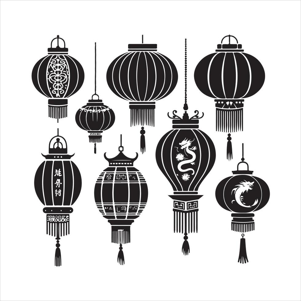 Set of red Chinese lantern silhouette white background vector