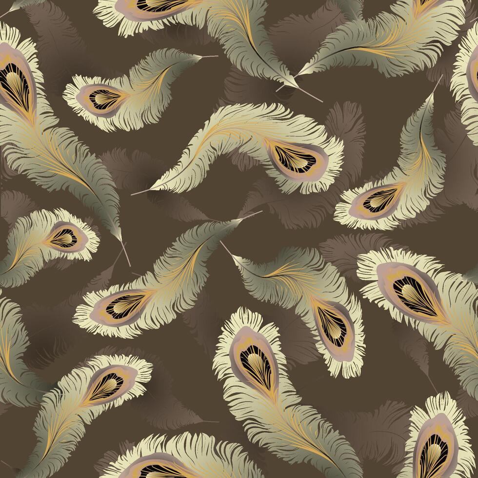 Elegant seamless pattern featuring delicate white and gold peacock feathers on a muted brown background. Perfect for digital designs, wallpapers, and textiles. vector