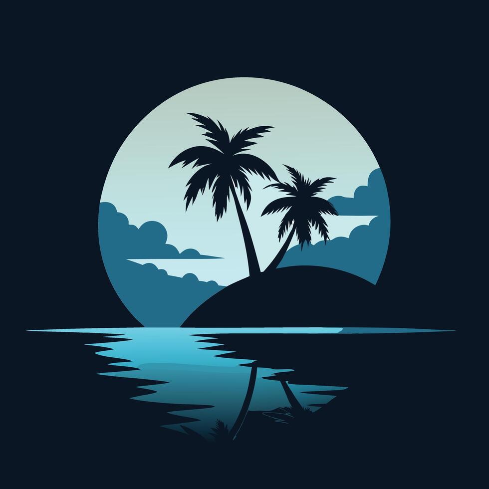 Beach silhouette tropical paradise coconut trees illustration. vector