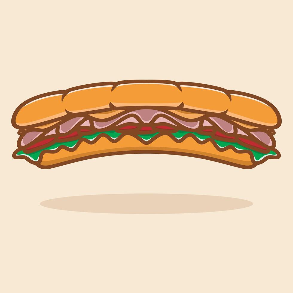 Cute baguette sandwich. Bacon and arugula greens stuffing between long wheat bread. Delicious fast food with meat, cheese, sauce. illustration isolated on broen background. vector