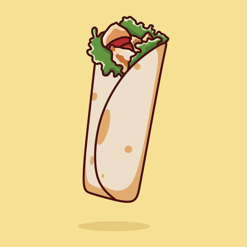 Cute illustration of kebab wrap, isolated on yellow background. vector