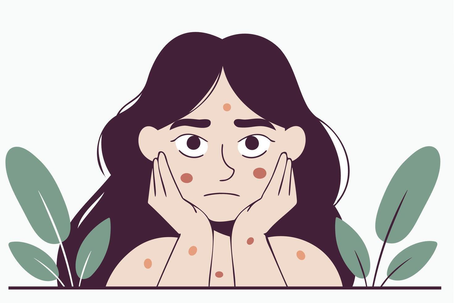 Girl with skin rash, dermatology theme, irritated skin, allergy reaction, skin problem, redness and irritation vector