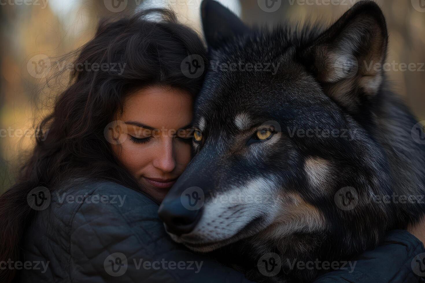A woman hugging a wolf in the woods photo