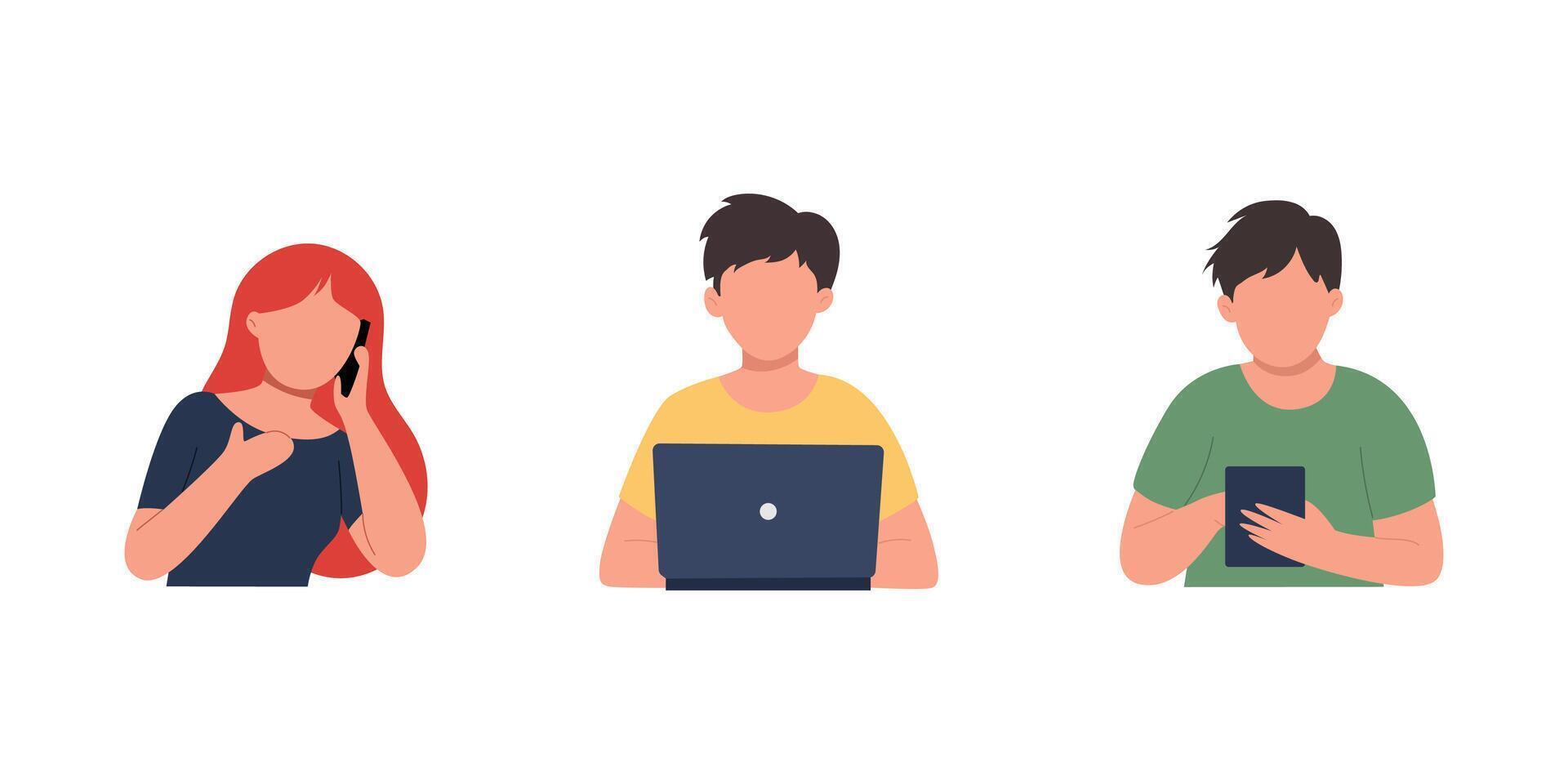 Flat illustration of three people engaged in various digital activities. vector
