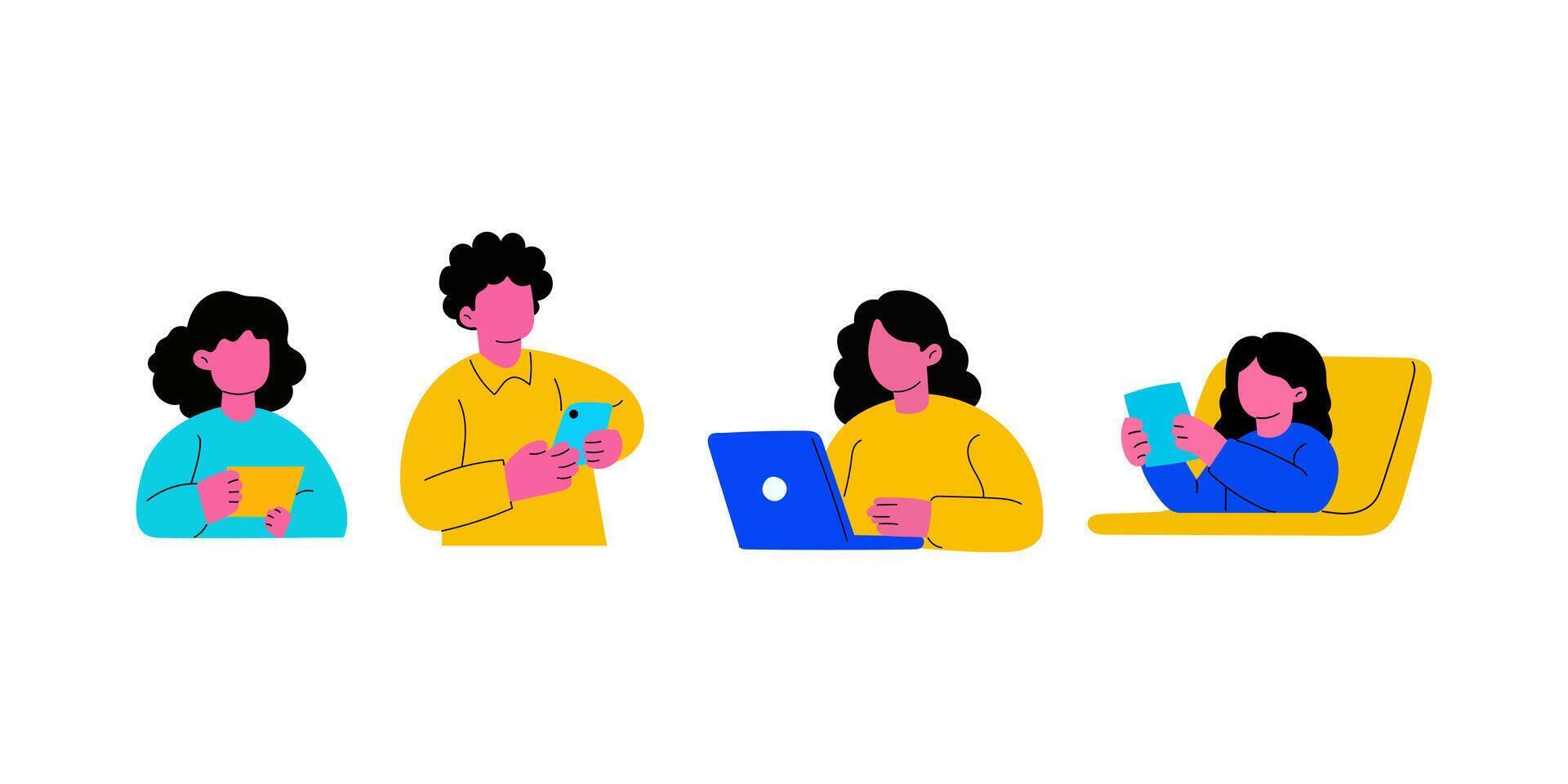 Diverse group of people using digital devices in various ways. vector