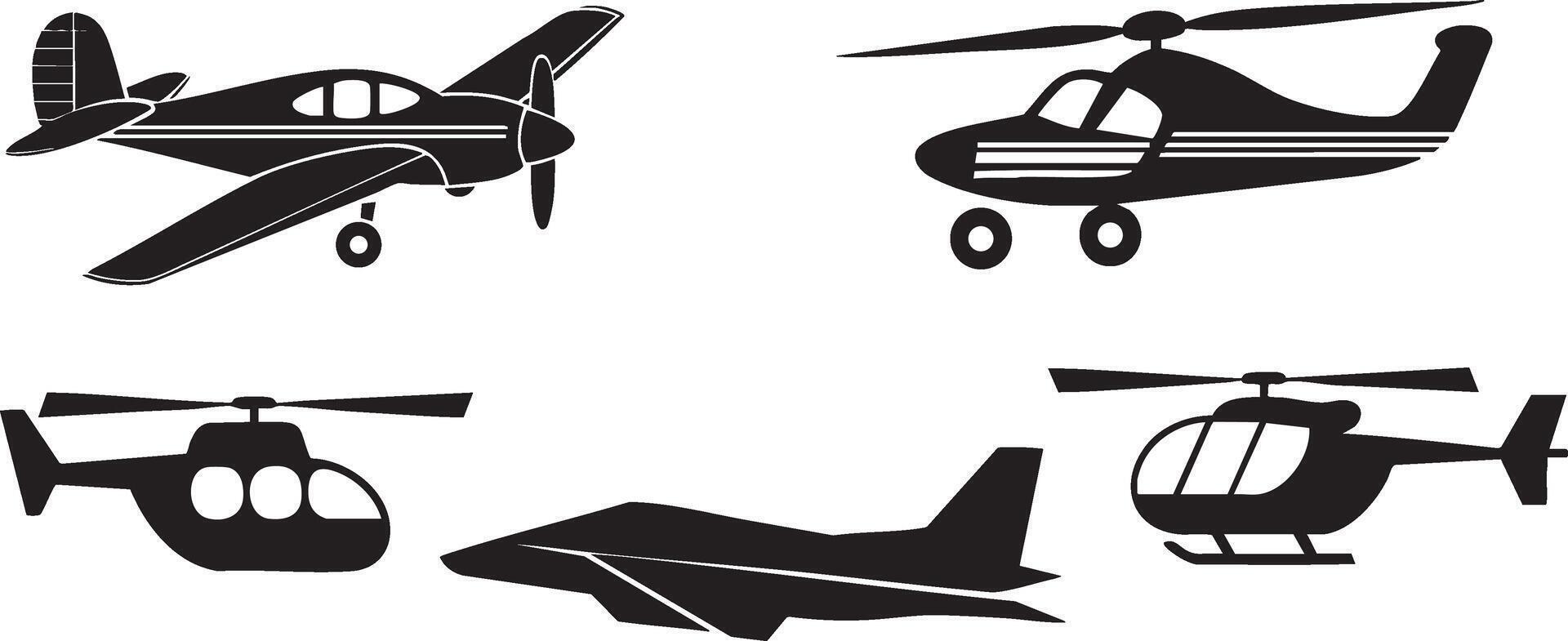 Simple Black and White Airplane and Helicopter Silhouettes vector