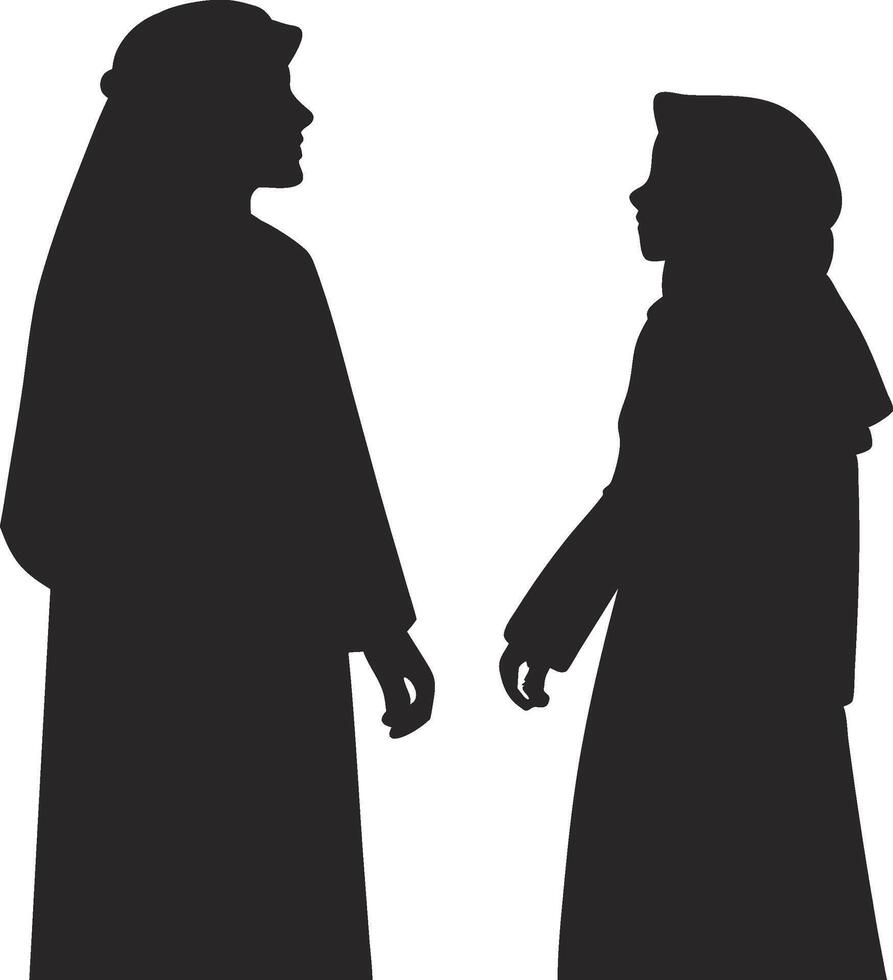 Silhouette of two women in hijab, facing each other vector