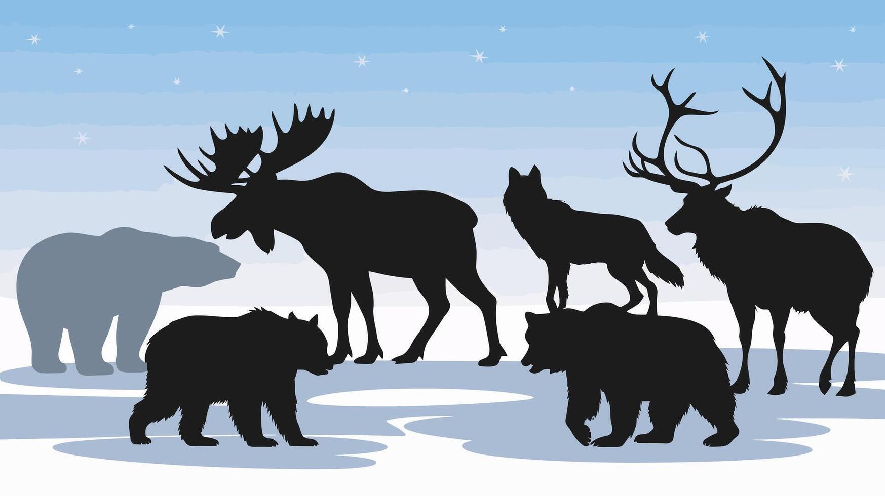 Silhouettes of Majestic Arctic Animals in Winter vector
