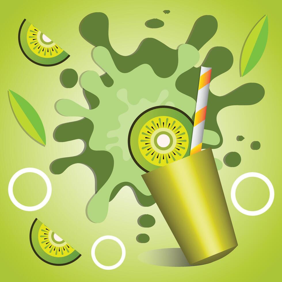 Illustration of a kiwi juice splash in a green theme. The design features a kiwi slice, a juice cup with a straw, and abstract splash effects, creating a refreshing and energetic visual. vector