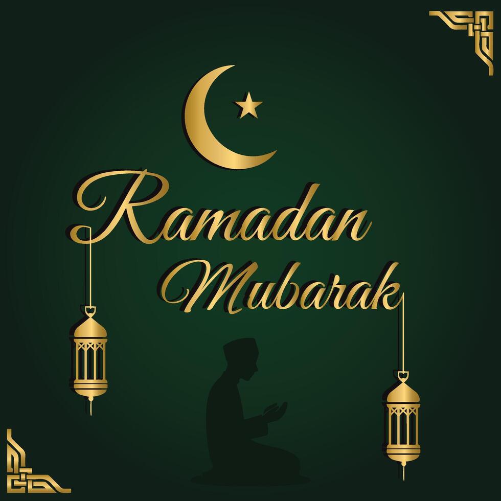 Illustration designed for the holy month of Ramadan.The artwork features a dark green background with gold elements, including a crescent moon,star,two hanging lanterns.In the center,Ramadan Mubarak. vector
