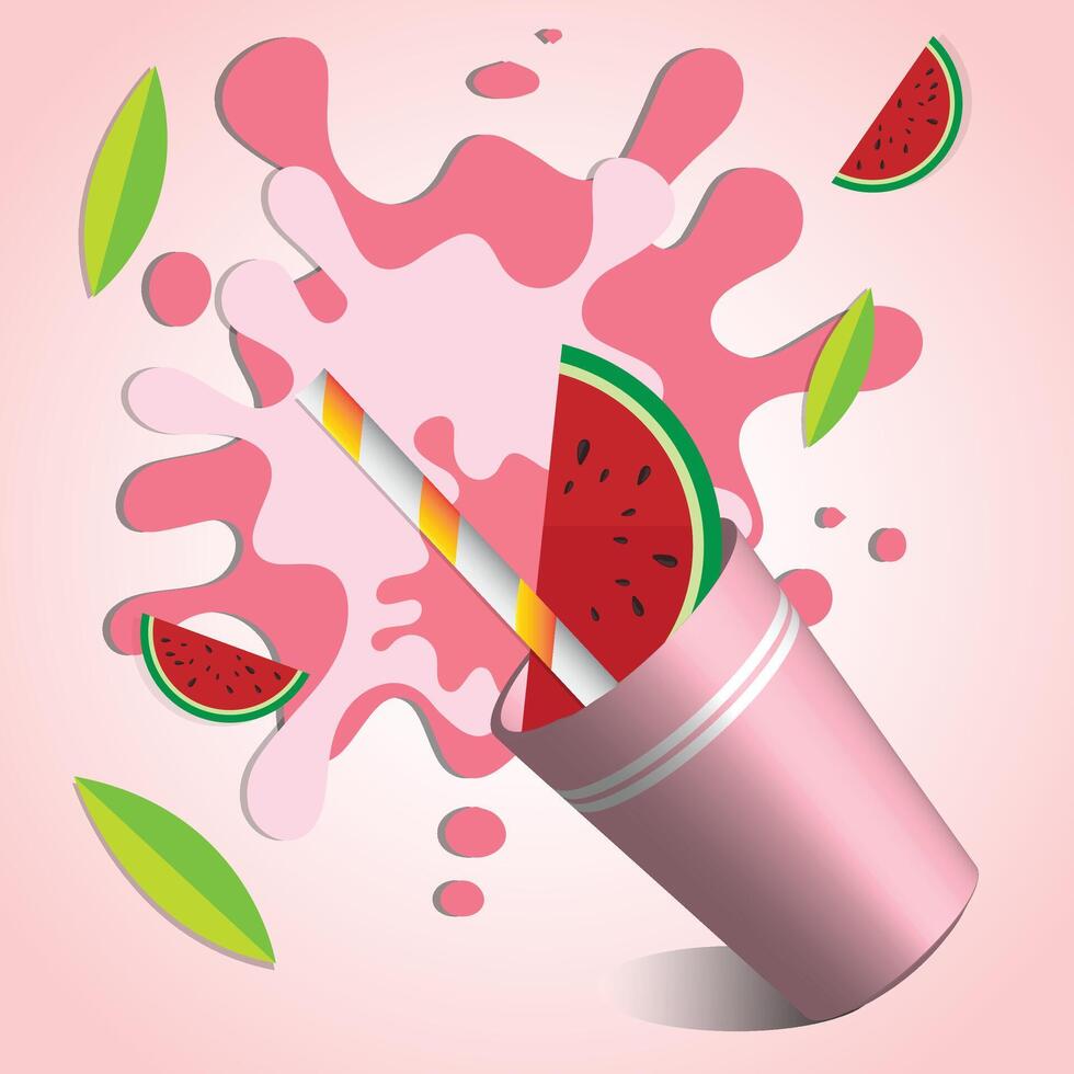 Illustration of a watermelon juice splash with vibrant red and green colors. The design showcases a watermelon slice, a juice cup with a straw, and splash effects, giving a summery and fresh vibe. vector