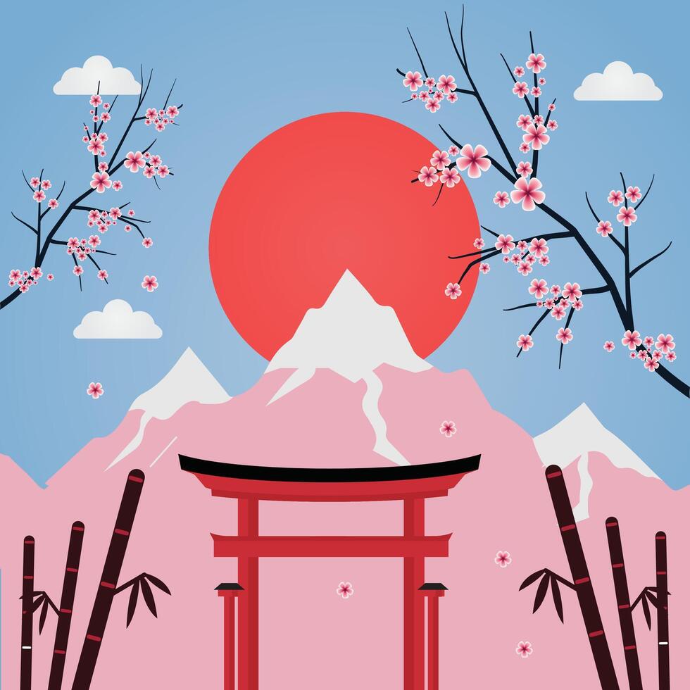 A peaceful Japanese landscape featuring Mount Fuji with snow-capped peaks, a traditional red Torii gate, cherry blossom trees in full bloom, and a vibrant red sun dominating the sky. vector