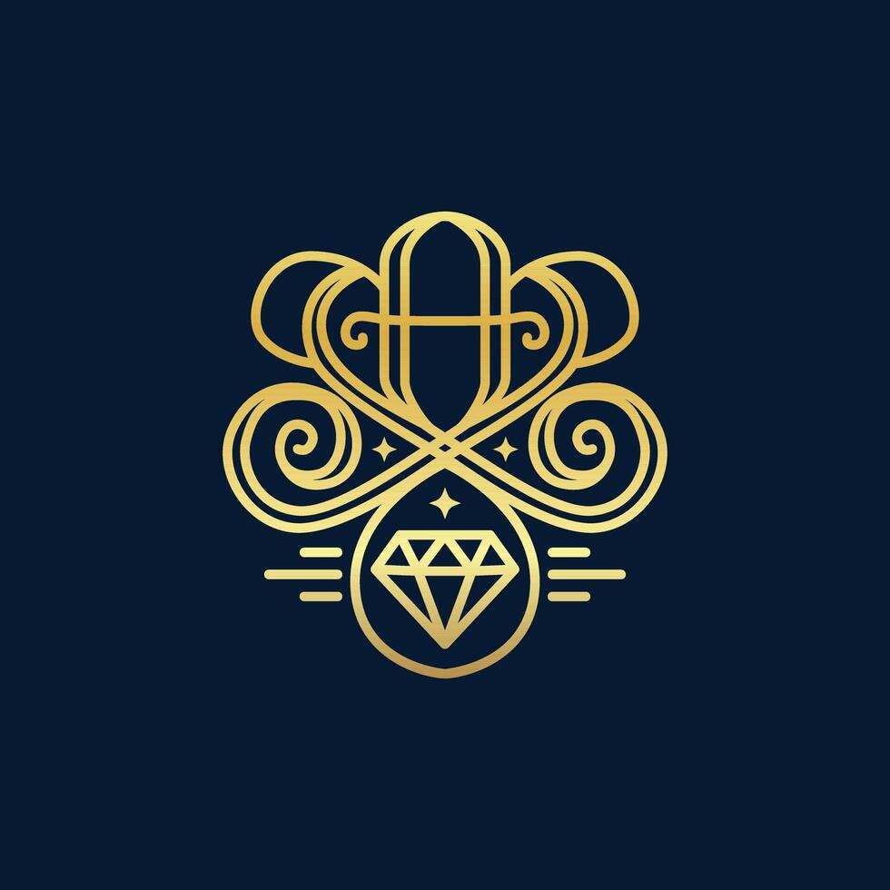 A luxurious gold filigree emblem with diamond elements, perfect for high-end branding. vector
