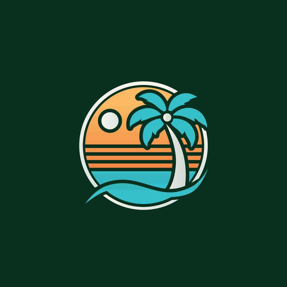 A vibrant tropical beach scene with a setting sun and palm trees. Ideal for summer and travel branding. vector