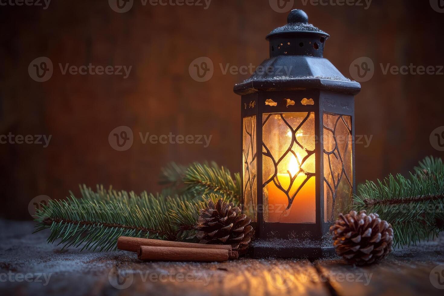 Illuminated Christmas Lantern Casting a Warm Glow on Rustic Wood photo