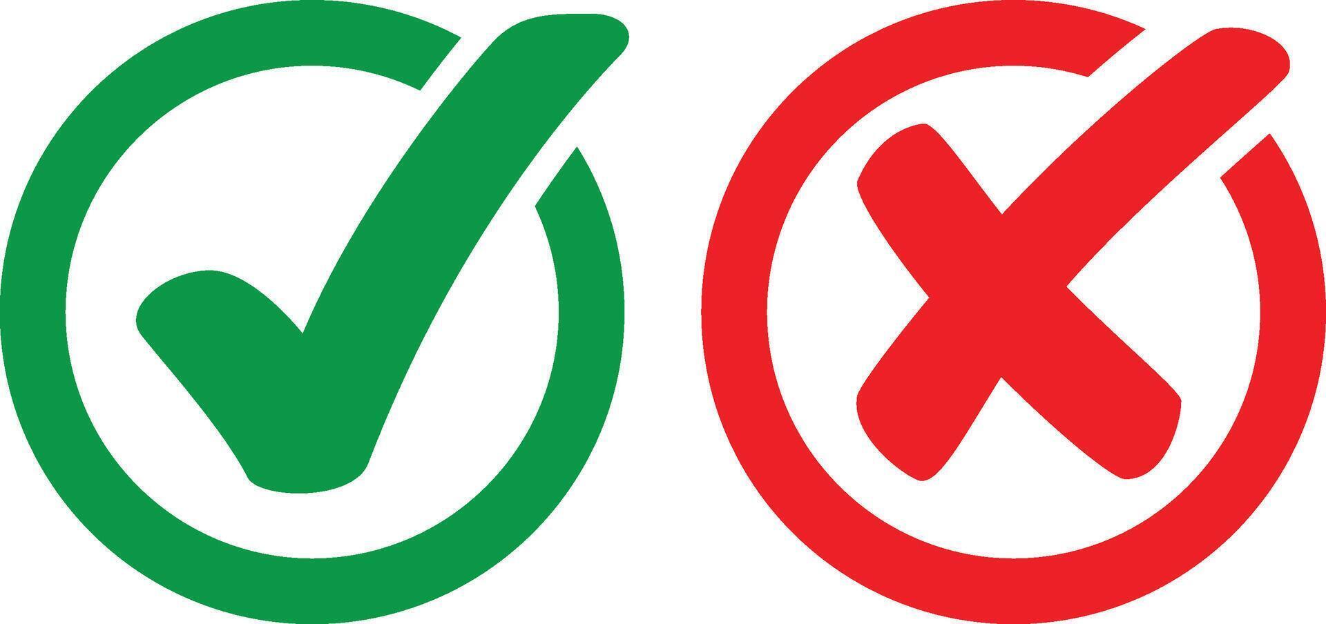 Check mark button set with right and wrong and yes or no check-mark icons in green tick box and red cross. vector