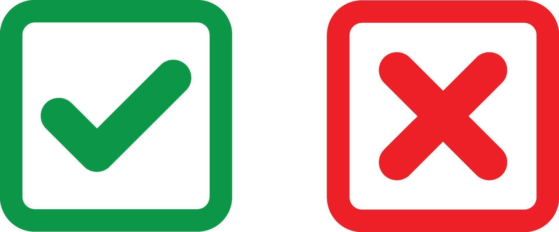 Tick mark icon button set check box correct right wrong black buttons or yes or no checkmark red cross green tick square illustration. vector