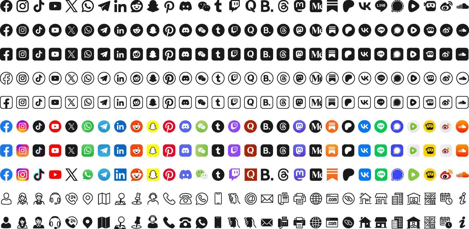 Contact and Social media network logo icon button set vector