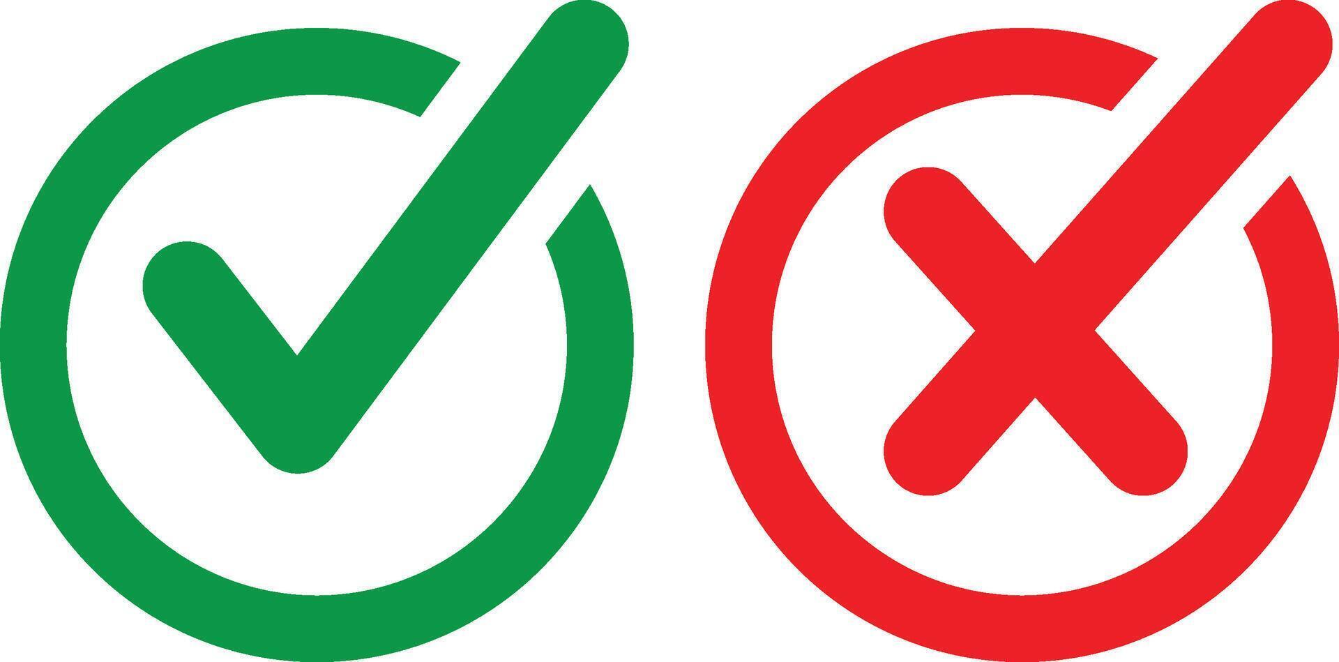 Check mark icons with green tick and red cross. Symbols of approval and decline decision. vector