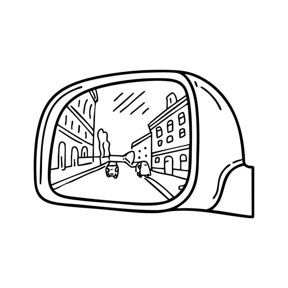Car side mirror reflecting a busy street vector