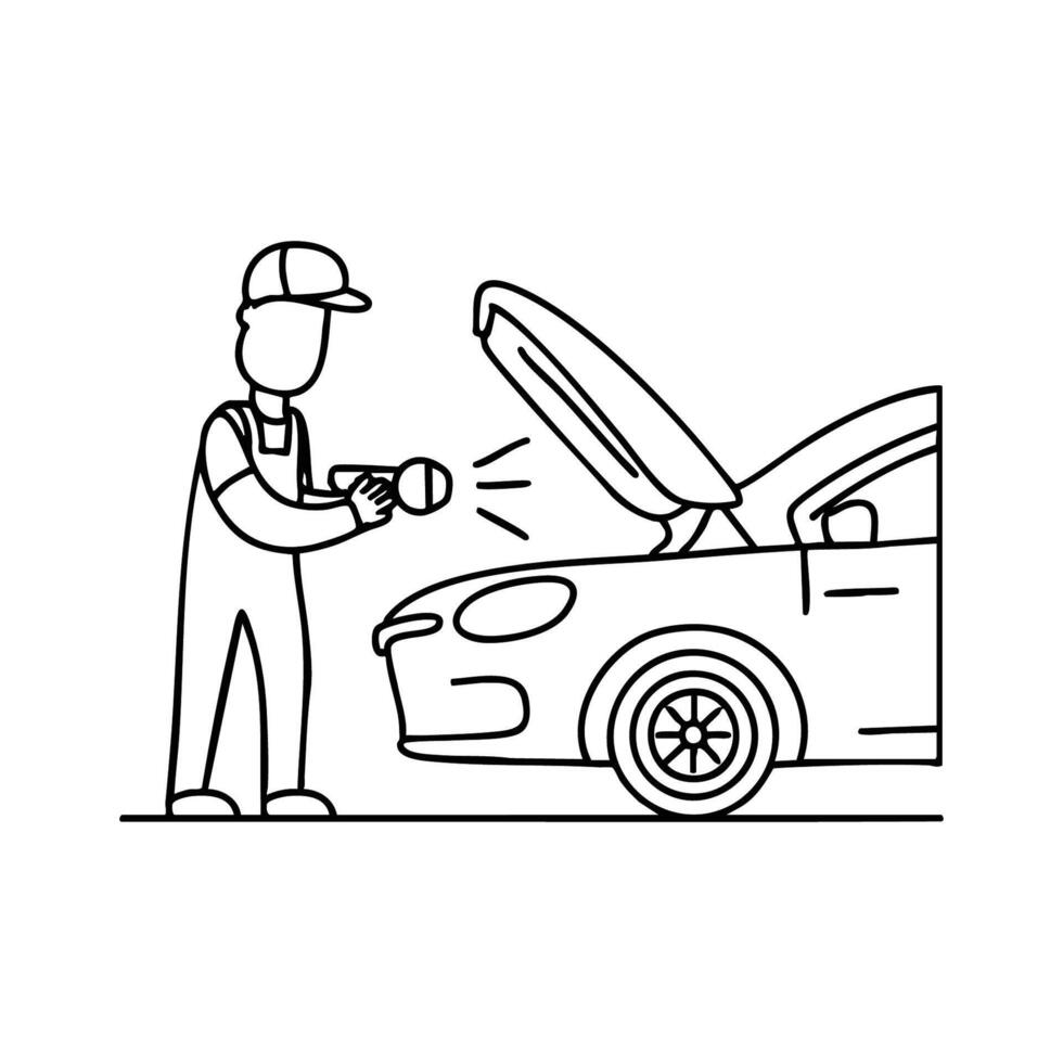 Car mechanic opening the hood, inspecting the engine with a flashlight vector