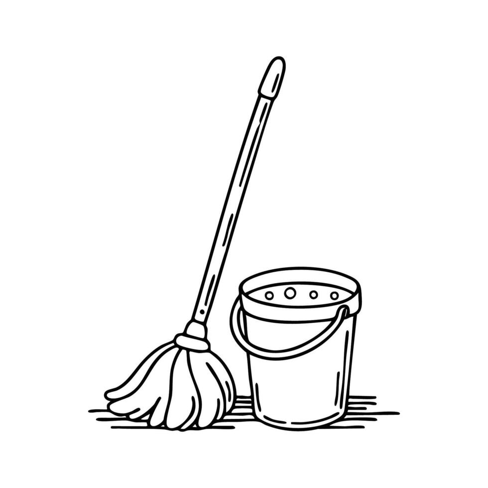 A mop leaning against a bucket of soapy water vector