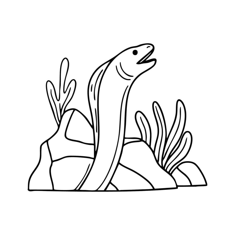 A moray eel emerging from a rocky crevice, mouth slightly open vector