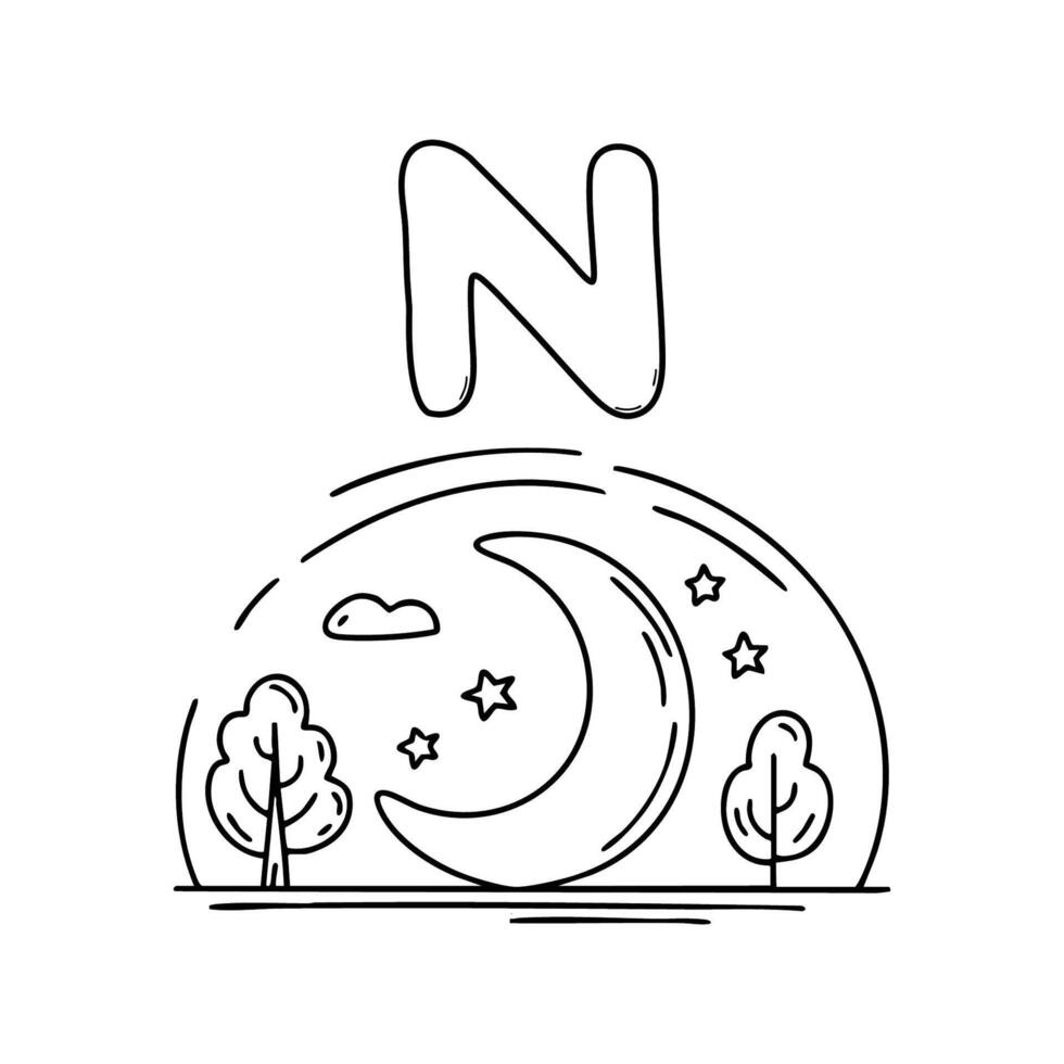 An Illustrations of Night beside a letter N vector