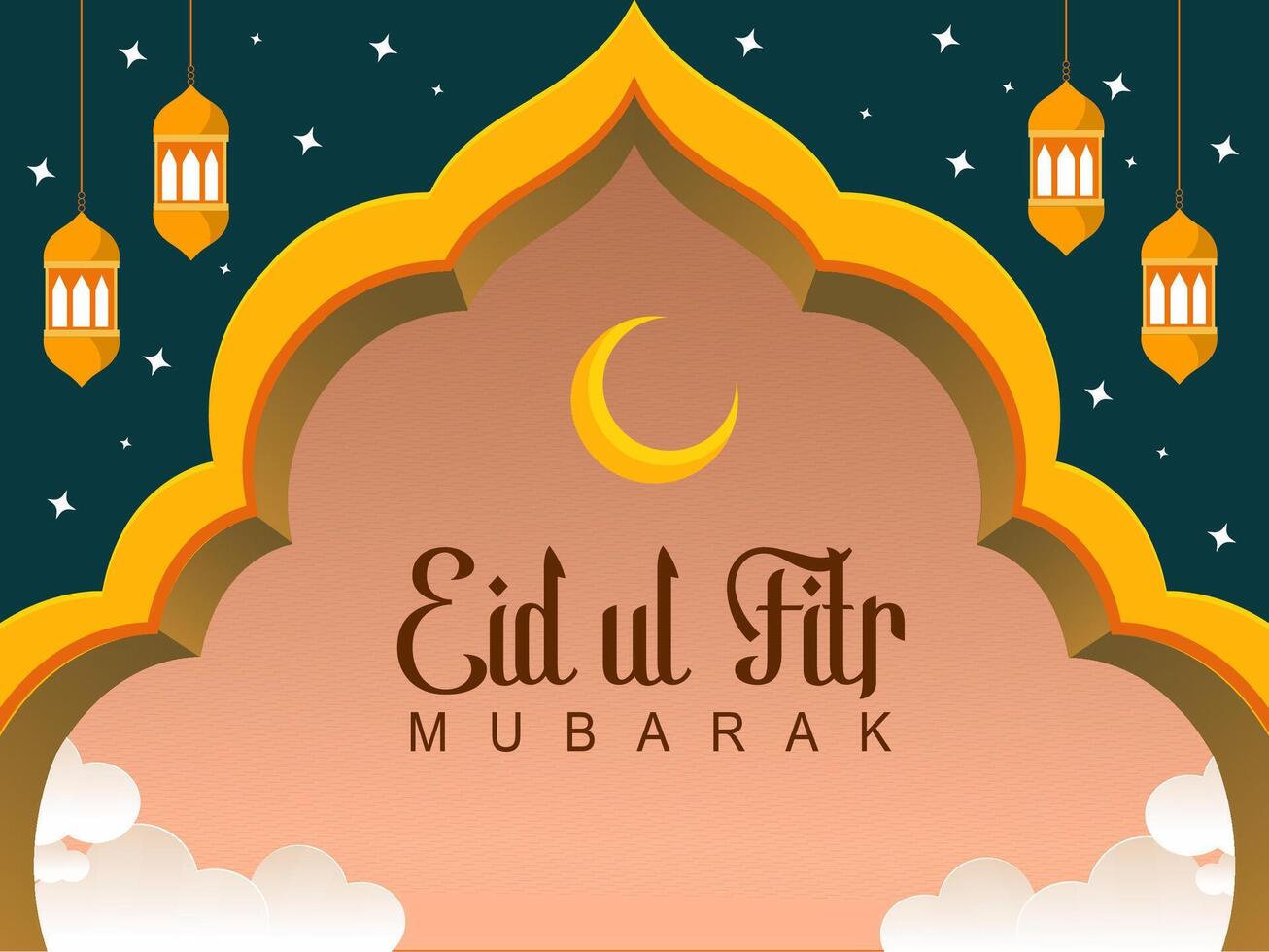 id ul Fitr with elegant Eid Mubarak design, featuring a traditional Islamic arch, glowing golden lanterns, and a serene crescent moon. perfect for greeting cards, social media posts, banners. vector