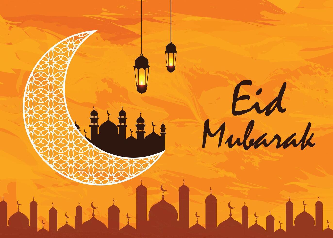 eid mubarak greeting card with crescent and mosque vector