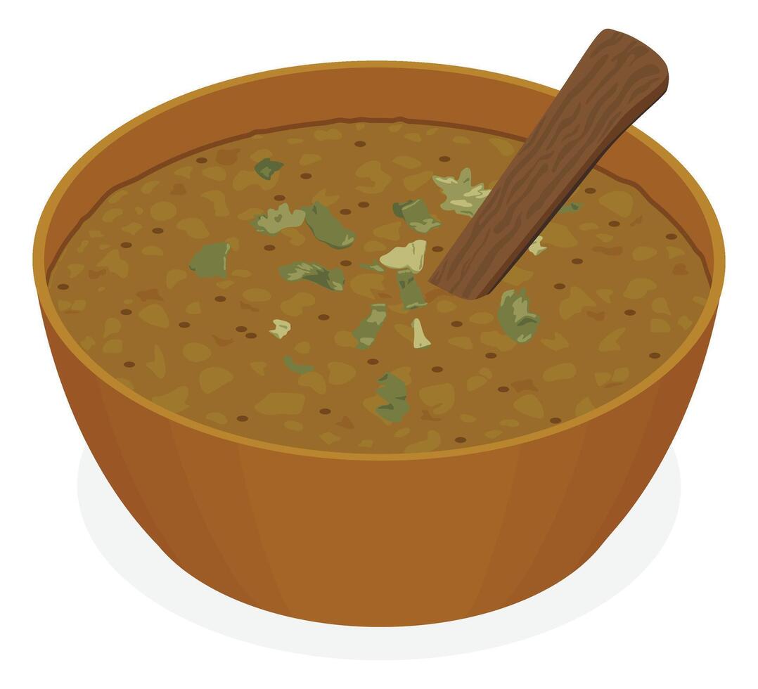 Lentil Soup with Garnish and Wood Spoon in Isometric Perspective - Easy to Edit vector