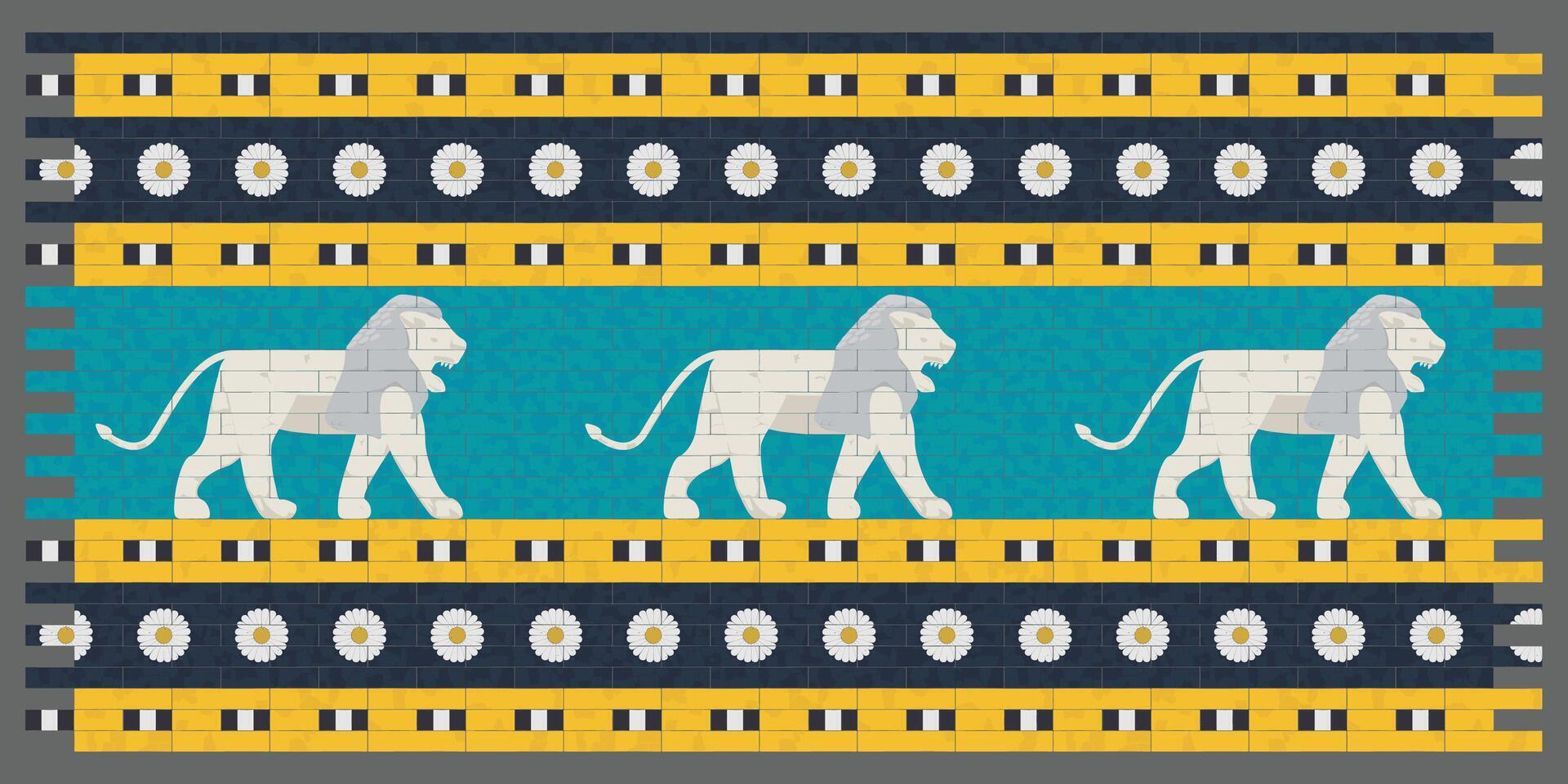 Repeatable Babylonian Brick Wall Pattern with Lions and Flowers vector