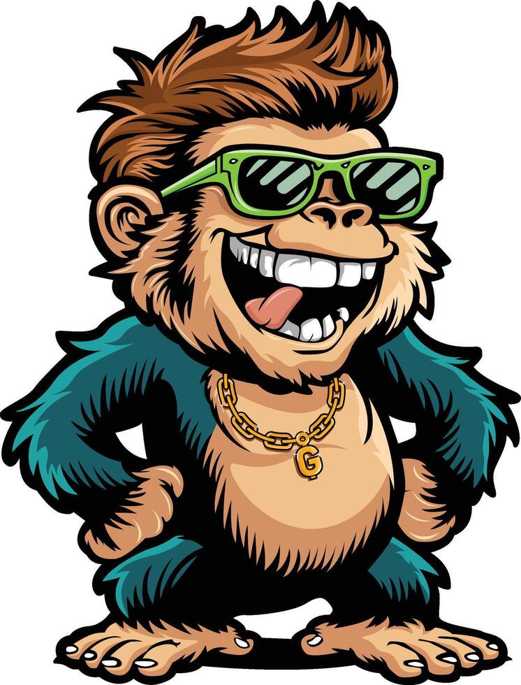 Vibrant and Lively Memphis Style Graphic Illustration of Standing Ape Smiling and Wearing Sunglasses vector