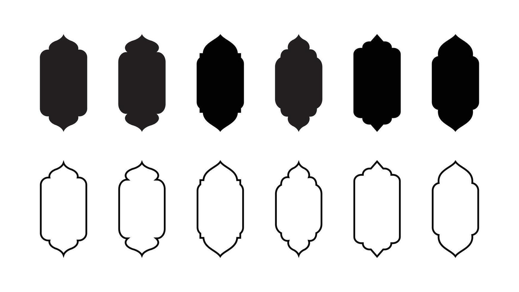 Elegant traditional islamic window shapes in oriental style. Ramadan design frames. Set of black silhouette eid mubarak and ramadan design. Arabic muslim architecture elements. vector