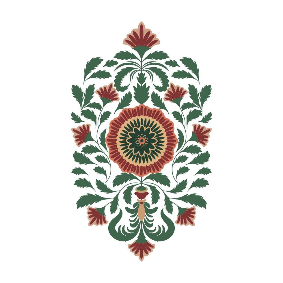 Mughal Flower Motif Illustration in Traditional Green and Red Colors vector