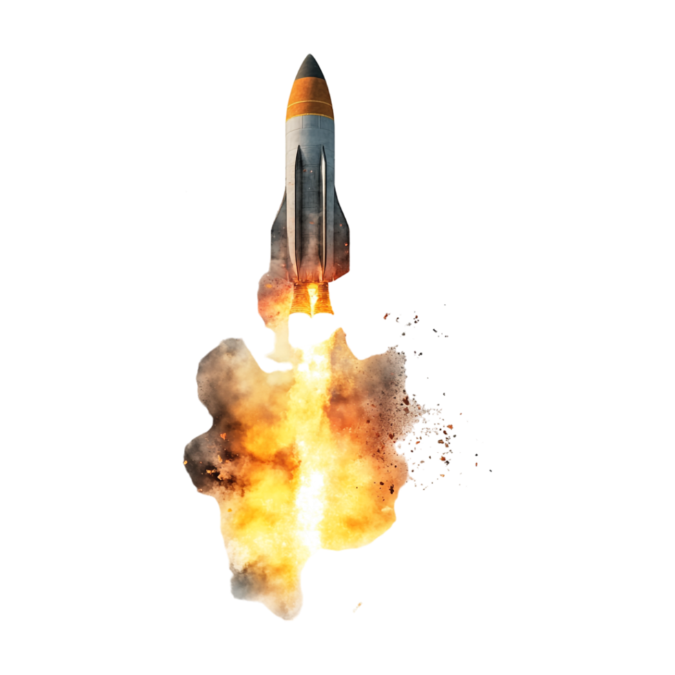 a rocket is flying into the air with smoke coming out png