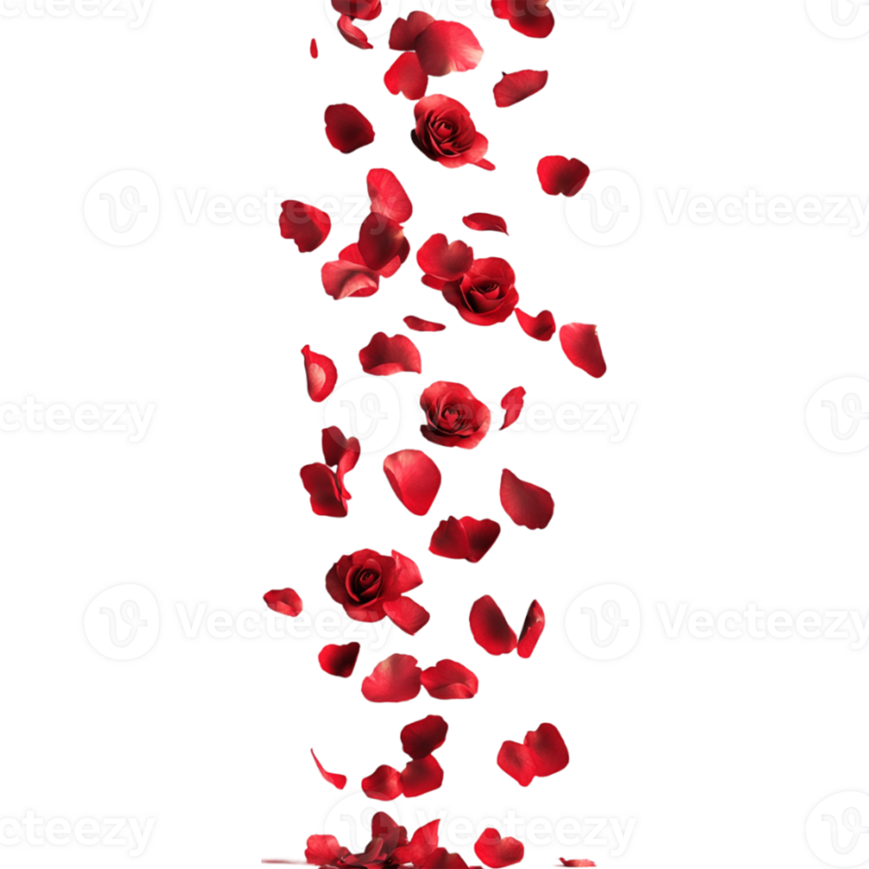 red rose petals falling down on a transparent background png