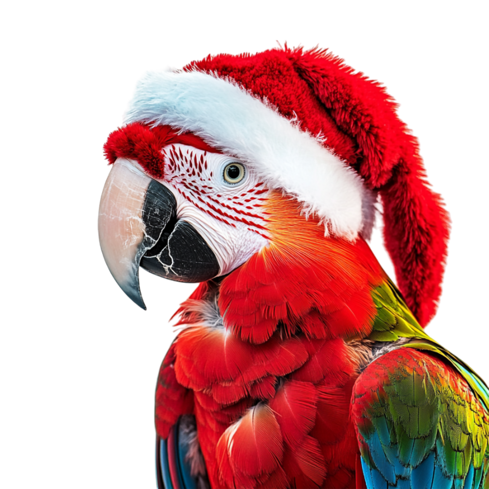 a red and green parrot wearing a santa hat png