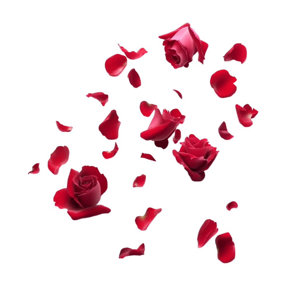 red rose petals falling from the sky on a transparent background png